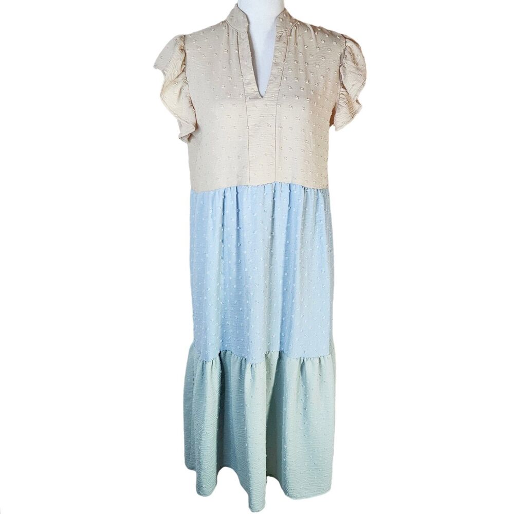 Pixi & Ivy Color Block Tiered Flutter Sleeve Midi Dress Women's Small Prairie